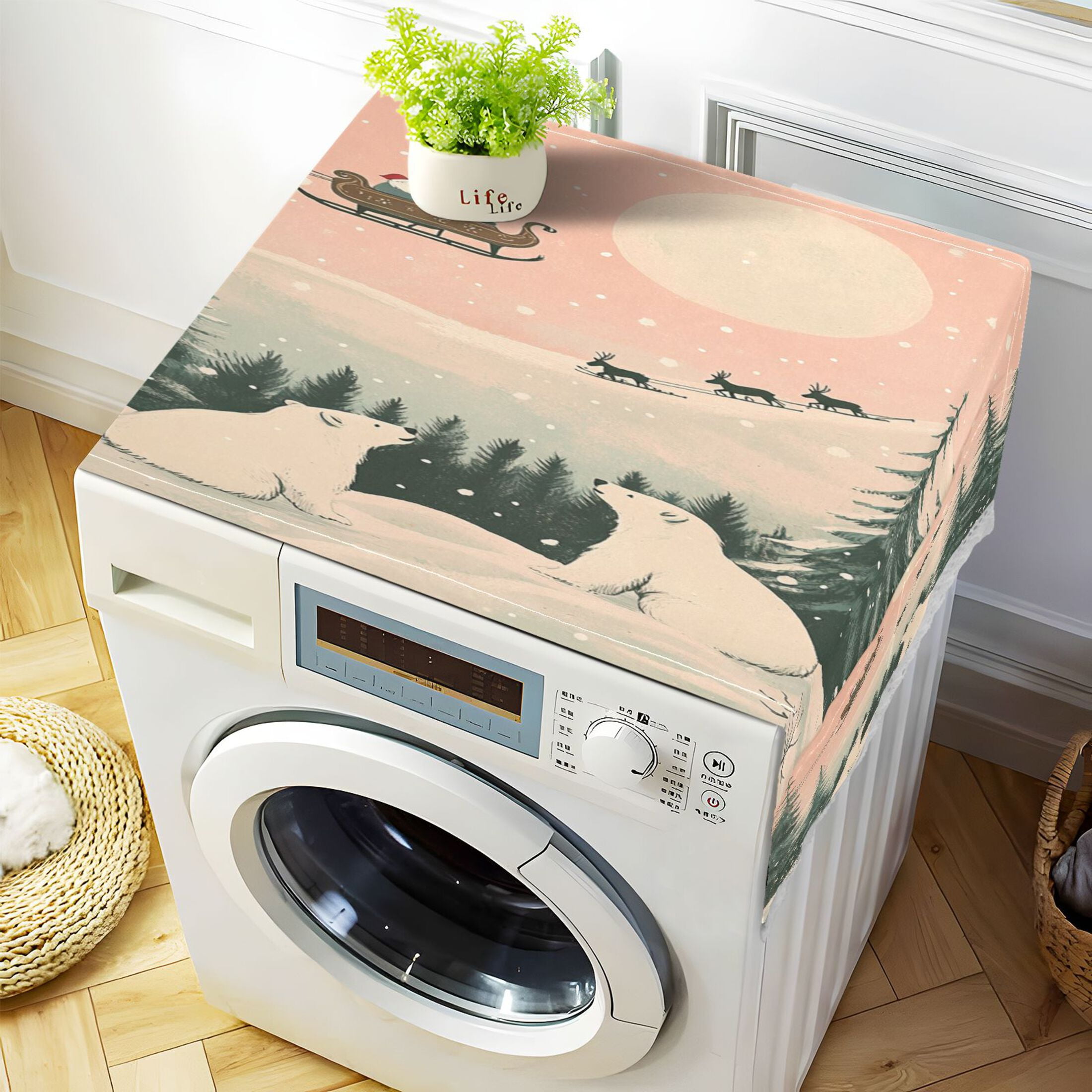 Two Polar Bears in The SnowWasher and Dryer Covers Dust-Proof and Oil Resistant Fridge Cover with 4 Storage Pockets Washing Machine Top Cover for Laundry Kitchen Home 51.2 x 22 In