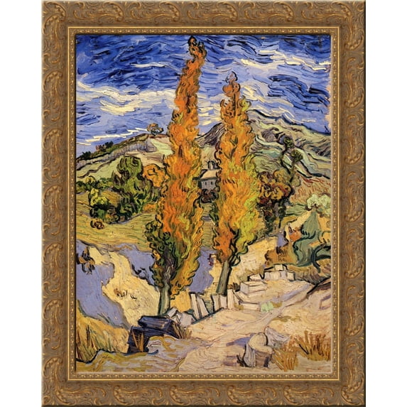 Two Poplars on a Hill 24x20 Gold Ornate Wood Framed Canvas Art by Vincent van Gogh