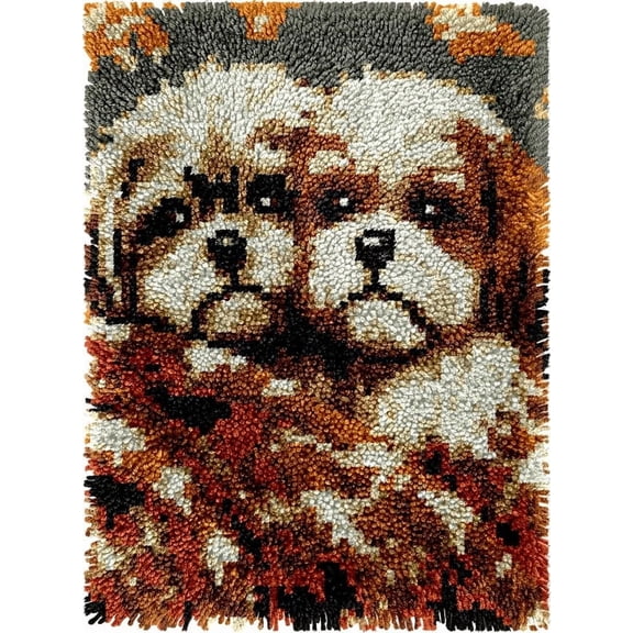 Two Puppy Dogs Easy DIY Latch Hook Rug Kits DIY Tapestry Crochet Hooking Mat Making Kits With Printed Pattern Canvas Needlework Kits 52x38cm n-21)