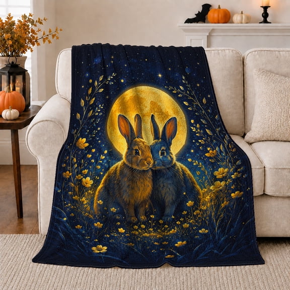 Two Rabbits Under Golden Moon, Whimsical Fantasy Style for Bunny Lovers, Enchanted Meadow Scene, Cozy Flannel Blanket for Bedroom and Living Room, Birthday Gift and Magical Home Decor