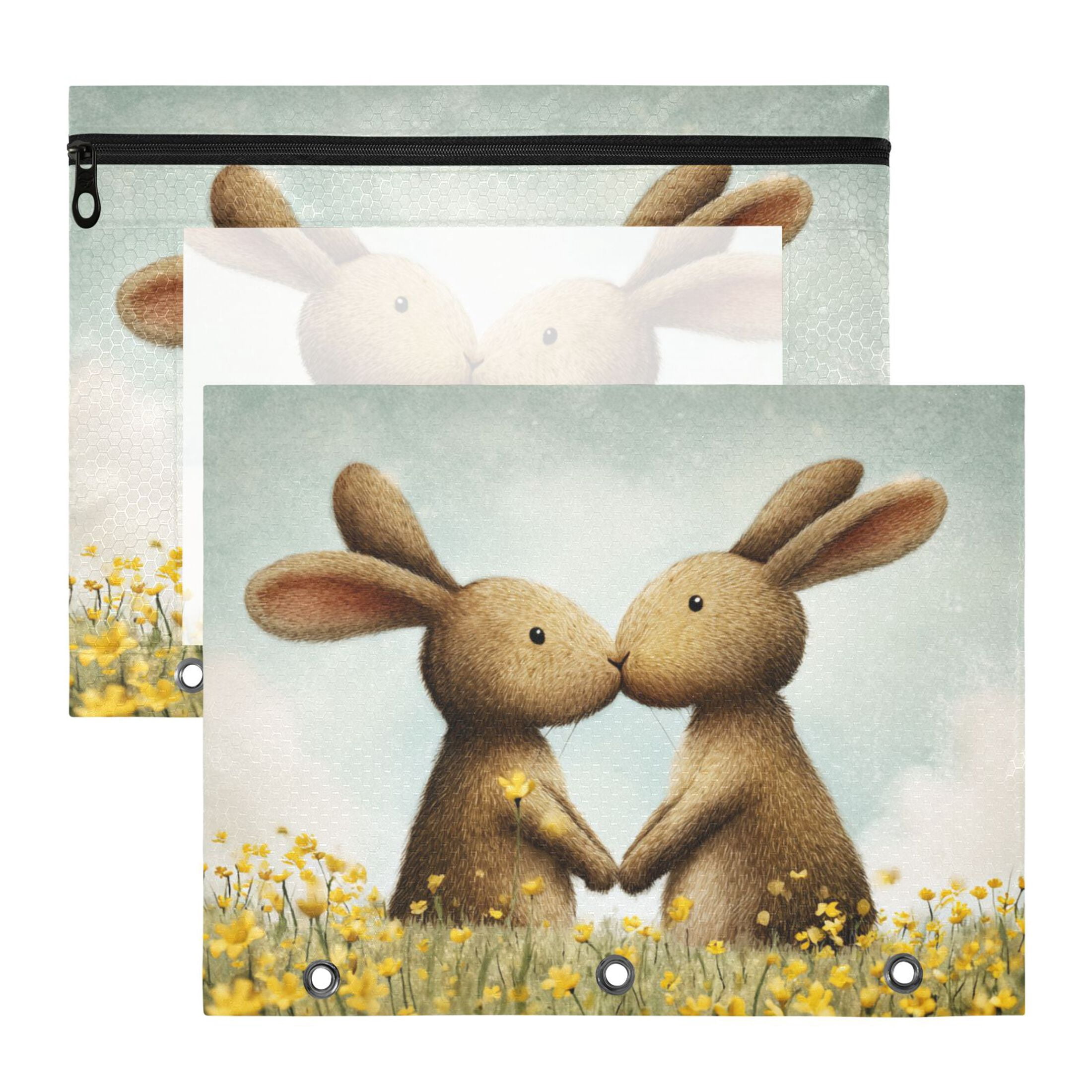Two Rabbits in Love Valentine 3-Ring Binder Pocket with Zipper Pencil ...