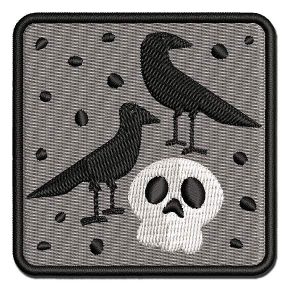 Two Ravens and Skull Halloween Doodle Applique Multi-Color Embroidered Hook & Loop Patch - 3.5 Inch Large