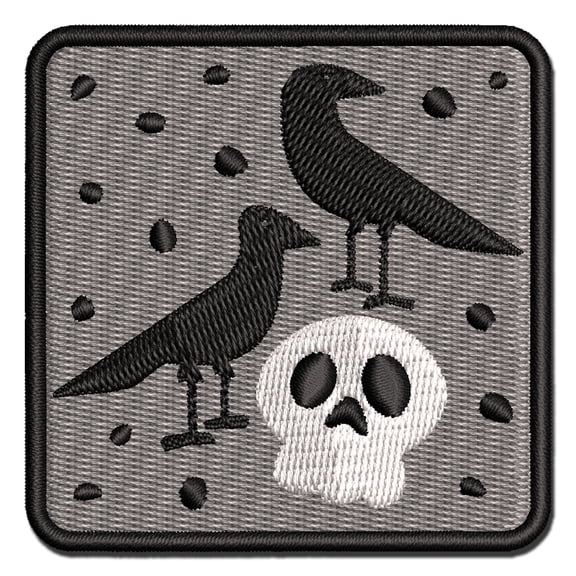 Two Ravens and Skull Halloween Doodle Applique Multi-Color Embroidered Iron-On Patch - 2.0 Inch Mini