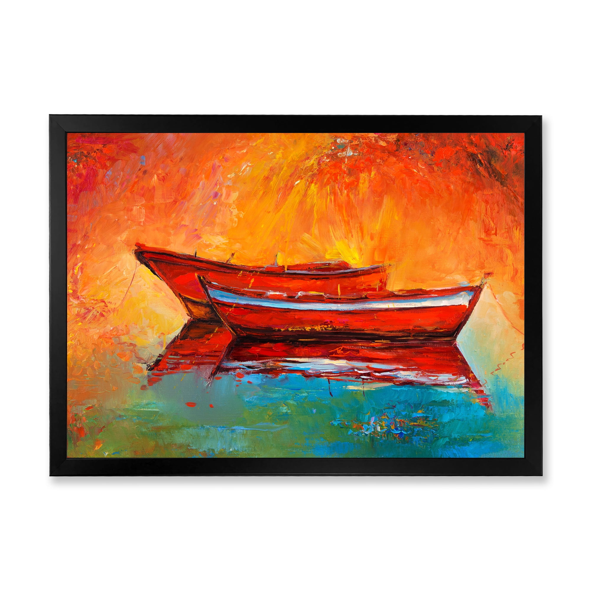 Two Red Boats During Sunset In Lake 20 in x 12 in Framed Painting Canvas Art Print, by Designart