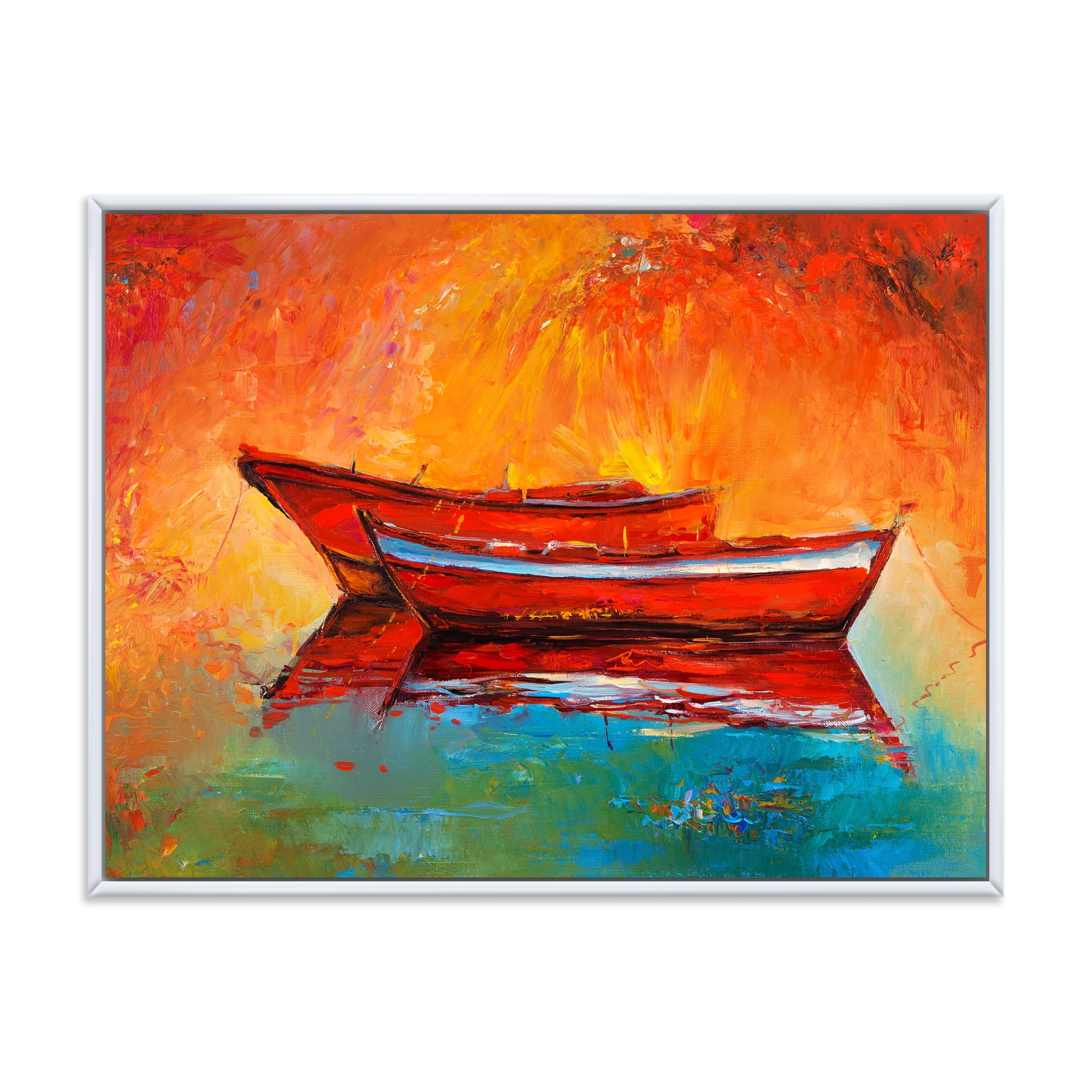 Two Red Boats During Sunset In Lake 20 in x 12 in Framed Painting Canvas Art Print, by Designart