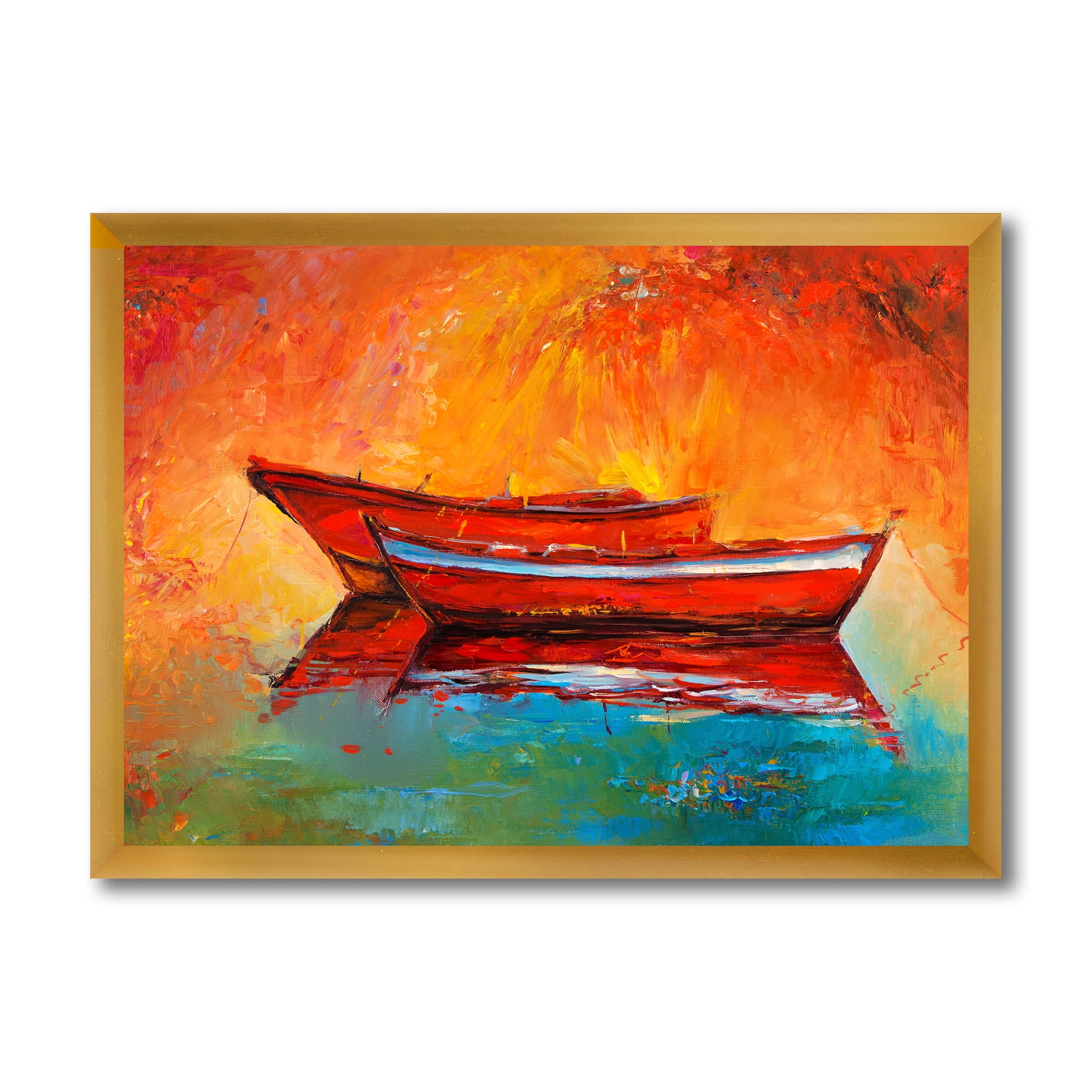 Two Red Boats During Sunset In Lake 32 in x 24 in Framed Painting Canvas Art Print, by Designart