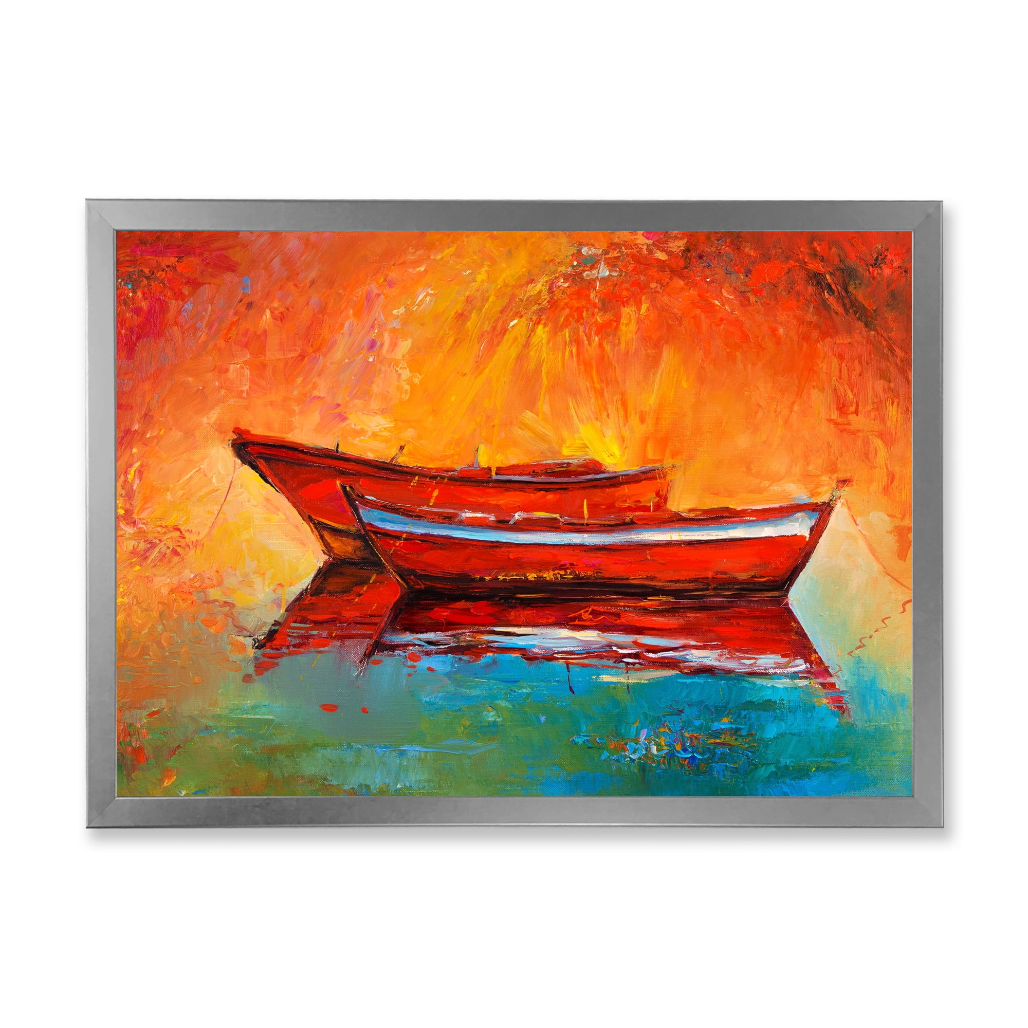 Two Red Boats During Sunset In Lake 32 in x 24 in Framed Painting Canvas Art Print, by Designart
