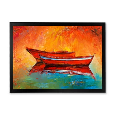 Two Red Boats During Sunset In Lake 40 in x 30 in Framed Painting Canvas Art Print, by Designart