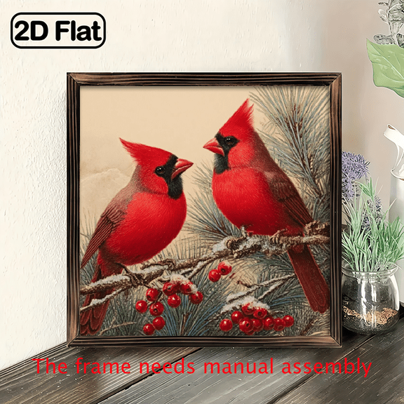 Two Red Cardinals Perched On a Branch Wooden Framed Sign Winter Wildlife Desktop Decor Vintage Wall Decor for Home, Christmas, Winter, Decorative Signs Plaques 8x8 Inch