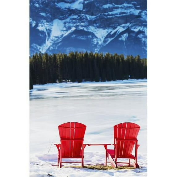 Two Red Chairs on Snow Covered Ridge Overlooking Frozen Lake with Snow Covered Mountain Cliff in The Background - Banff 1 Poster Print - 12 x 19 in.