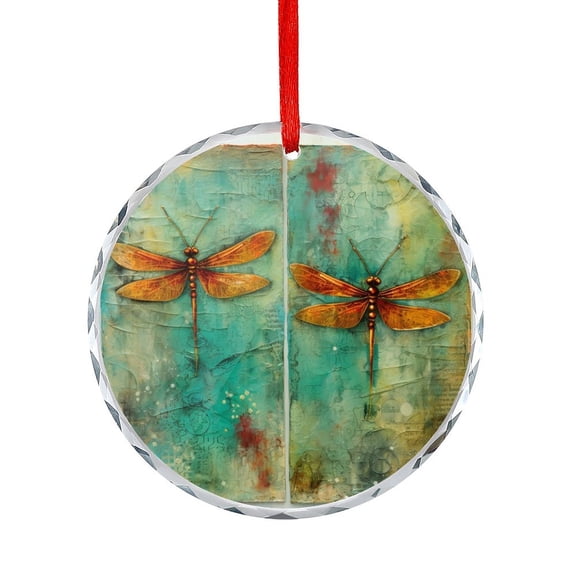 Two Red Dragonflies In Turquoise Art Prints Xmas Ornament Appreciation Gifts Ornaments for Xmas Tree Animals Dragonfly Round Ornament