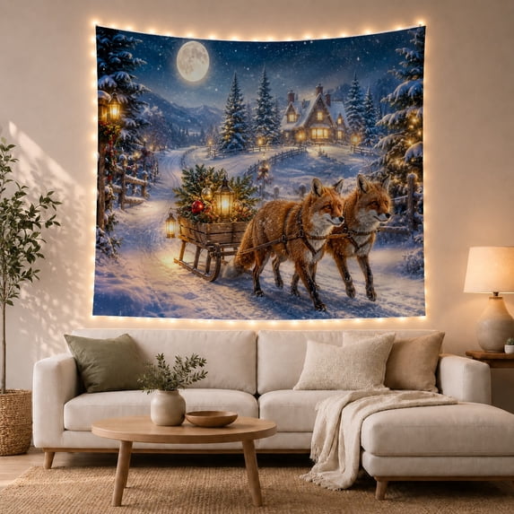 Two Red Foxes Pulling a Sled in a Snowy Forest Cozy Rustic for Farmhouse Decor Lovers Whimsical Winter Wall Art Christmas Gift Tapestry Wall Hanging for Bedroom and Living Room