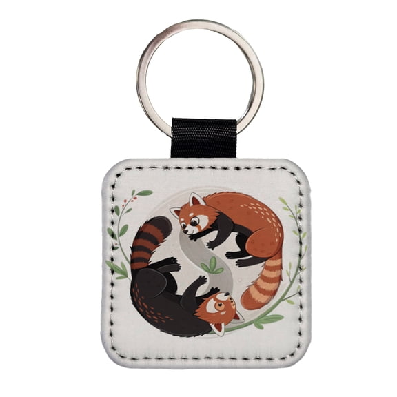 Two Red Pandas Yin Yang Cute Faux Leather Square Keychain