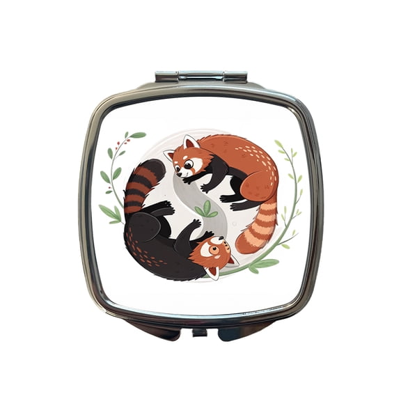 Two Red Pandas Yin Yang Cute Travel Makeup Handbag Purse Small Pocket Compact Mirror