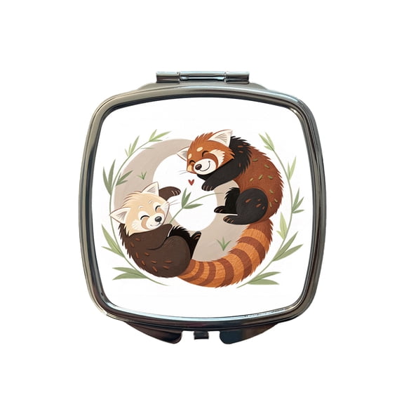 Two Red Pandas Yin Yang Travel Makeup Handbag Purse Small Pocket Compact Mirror
