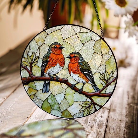 Two Red Robins on Branch Glass Suncatcher, Round Window Decor, Bird Lover, 3.5 in
