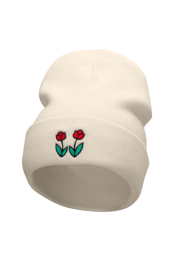 Two Red Rose Embroidered 12 Inch Long Knitted Beanie - Birch OSFM