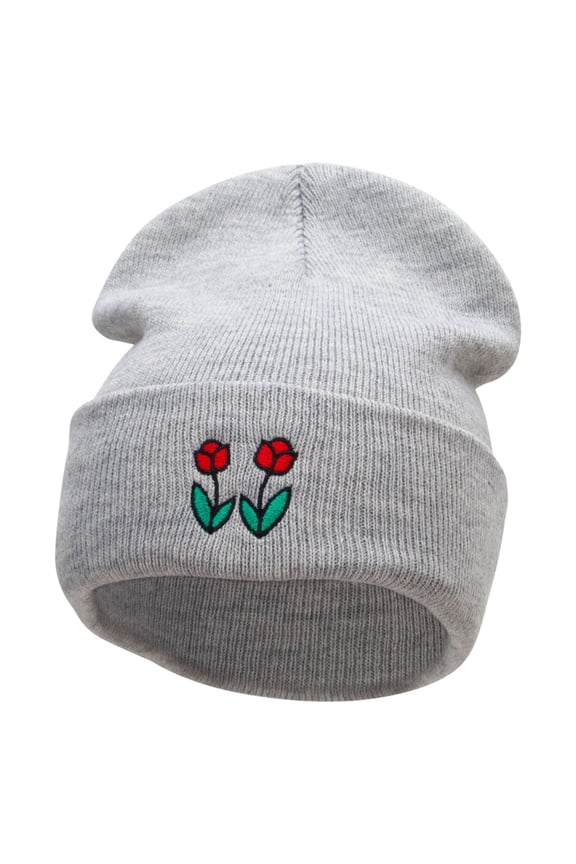 Two Red Rose Embroidered 12 Inch Long Knitted Beanie - Heather Grey OSFM