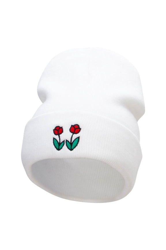 Two Red Rose Embroidered 12 Inch Long Knitted Beanie - White OSFM