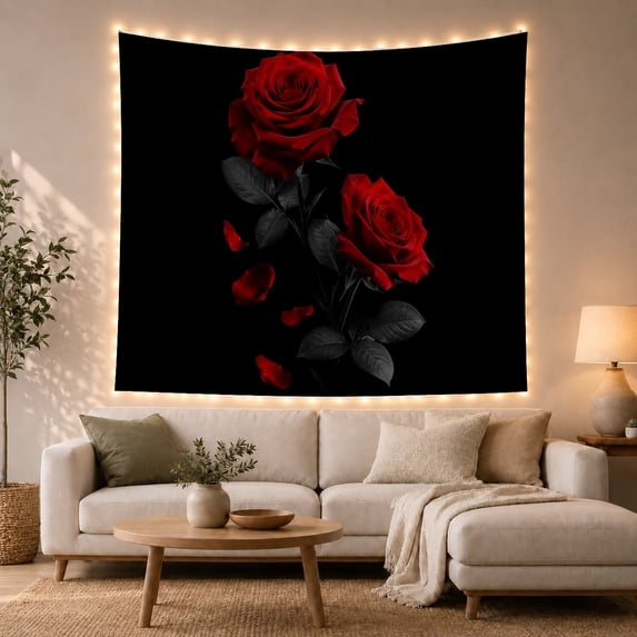 Two Red Roses with Falling Petals on Black Background, Romantic Gothic Style for Flower Lovers, Floral Wall Art, Valentine's Day Gift, Tapestry Wall Hanging for Bedroom and Dorm