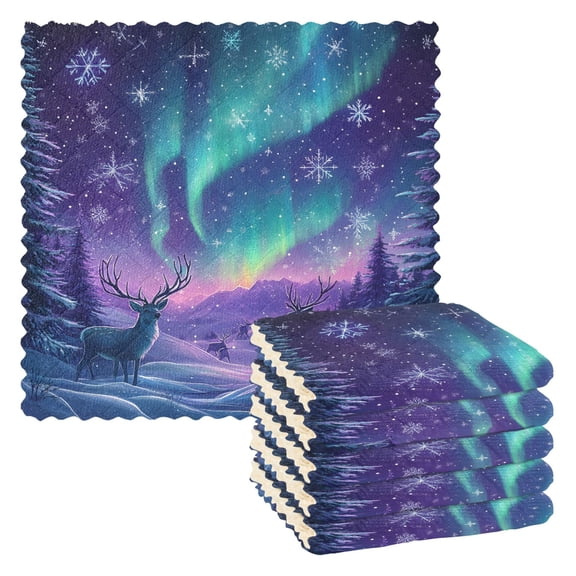 Two Reindeer Aurora Kitchen Cloth Dish Towels for Drying Washing Absorbent Dish Rags Reusable soft kitchen dishcloth set 6 Pack