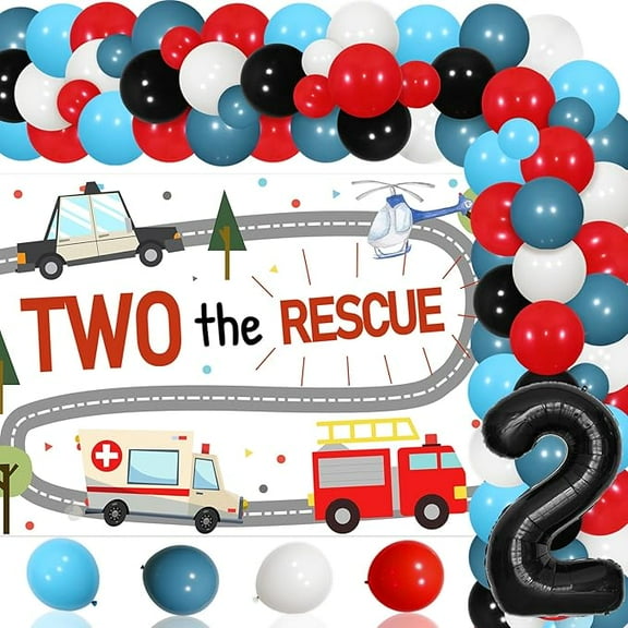 Two The Rescue Party Decorations 2nd Birthday Party Decor Black Red Balloon Garland Arch Kit Helicopter Fire Truck Backdrop Number 2 Foil Balloon Banner for Boys 2nd Birthday Party Decor Supplies
