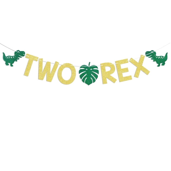 Two Rex Banner - Jungle Summer 2nd Birthday Decor, Dinosaur 2nd Birthday Party Decorations Gold Glitter