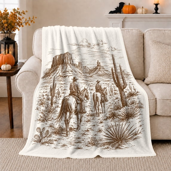 Two Riders on Desert Trail with Mesas and Cactus, Nostalgic Western Line Art for Horse Lovers, Birthday Gift, Cozy Flannel Blanket for Cabin and Ranch House, Rustic Home Decor