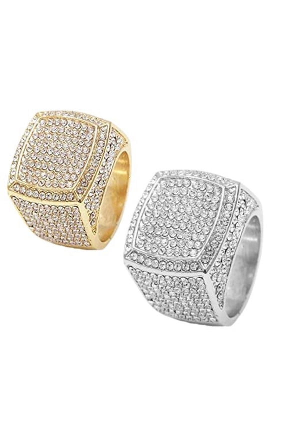 Two Ring For Price of One - BIG Bling Bling Hip Hop Iced Out Luxury Oversize Men's Ring - 444 (Silver+ Gold 9)