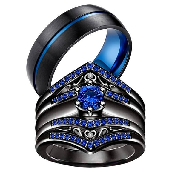 Two Rings His Hers Wedding Ring Sets Couples Matching Rings Women's 2pc Black Gold Plated Blue CZ Wedding Engagement Ring Bridal Sets Men's Tungsten Carbide Band Wedding Band