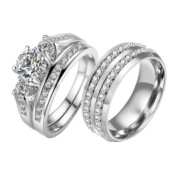 Two Rings His and Hers Wedding Ring Sets Couples Rings 10kt White Gold Plated White Cz Titanium band