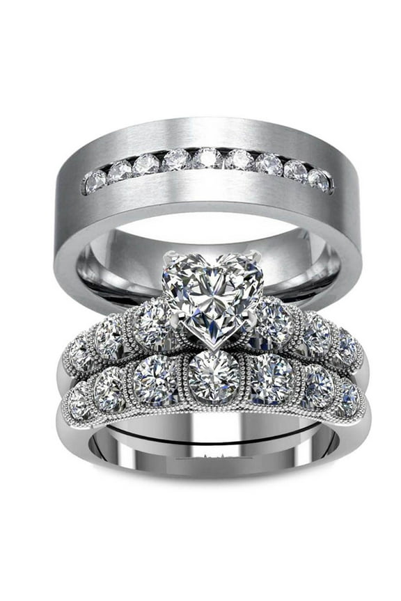 Two Rings His and Hers Wedding Ring Sets Couples Rings 10kt White Gold Plated White Heart Cz Titanium band