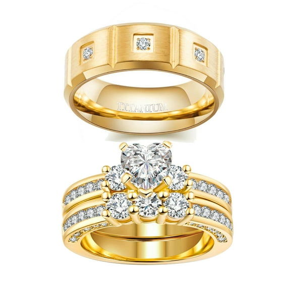 Two Rings His and Hers Wedding Ring Sets Couples Rings 18K Yellow Gold Plated Heart White Cz Titanium band