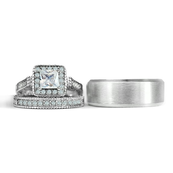 Two Rings His and Hers Wedding Ring Sets Couples Rings 20kt White Gold Plated White Cz Titanium band