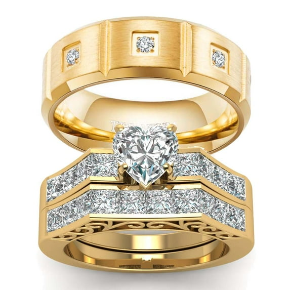 Two Rings His and Hers Wedding Ring Sets Couples Rings Yellow Gold Plated Heart White Cz Titanium band