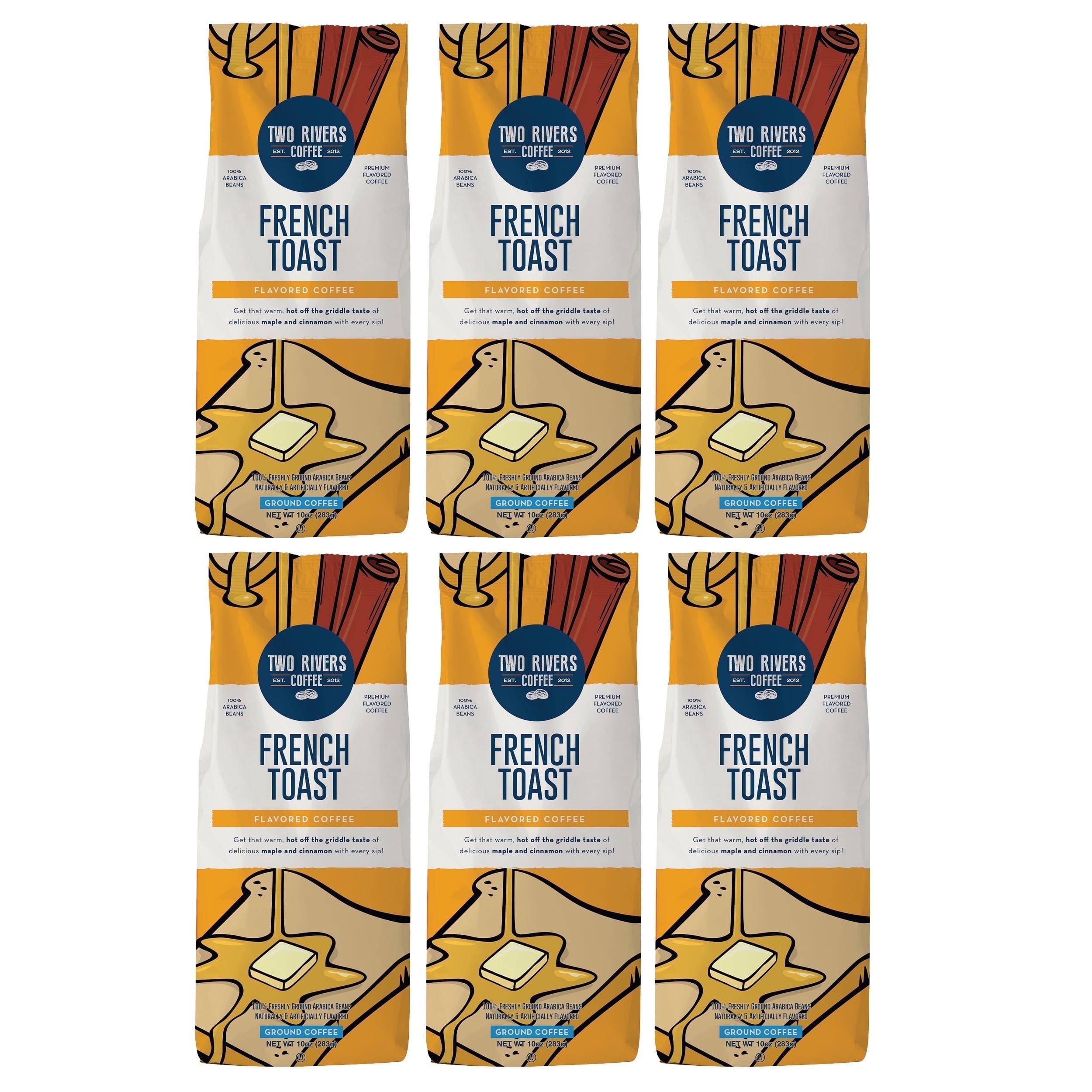 Two Rivers Coffee Flavored Ground Coffee 100% Arabica Coffee Beans, French Toast, 10 Oz. 6-Pack