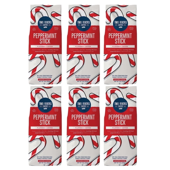Two Rivers Coffee Flavored Ground Coffee, Peppermint Stick, 10 oz. Bag, 6 pack