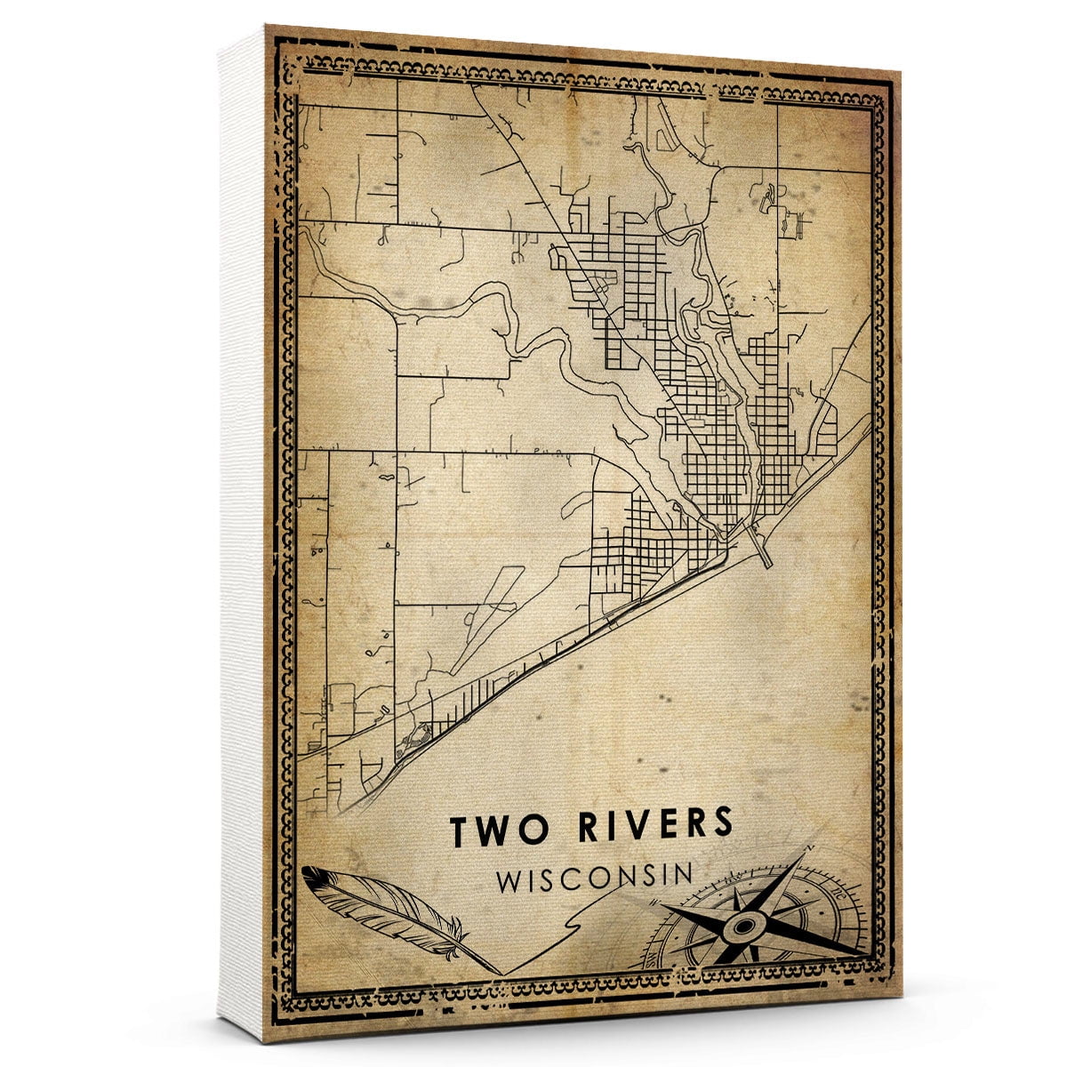 Two Rivers Vintage Map Prints Canvas, Wisconsin Map Art Canvas, Canvas ...