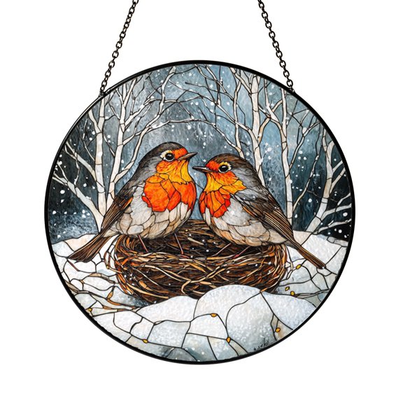 Two Robins Nesting in Forest Stained Glass Style Window Suncatcher Decor, Peaceful Bird Scene Gift