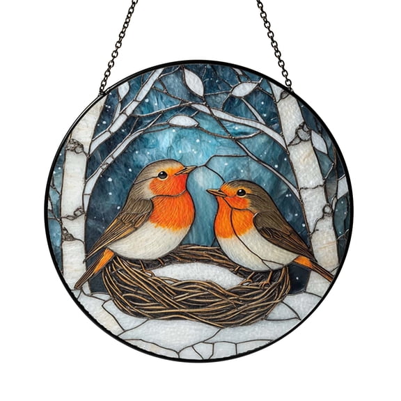 Two Robins in Nest Forest Scene Stained Glass Style Suncatcher Window Decor, Woodland Bird Art Gift for Mom