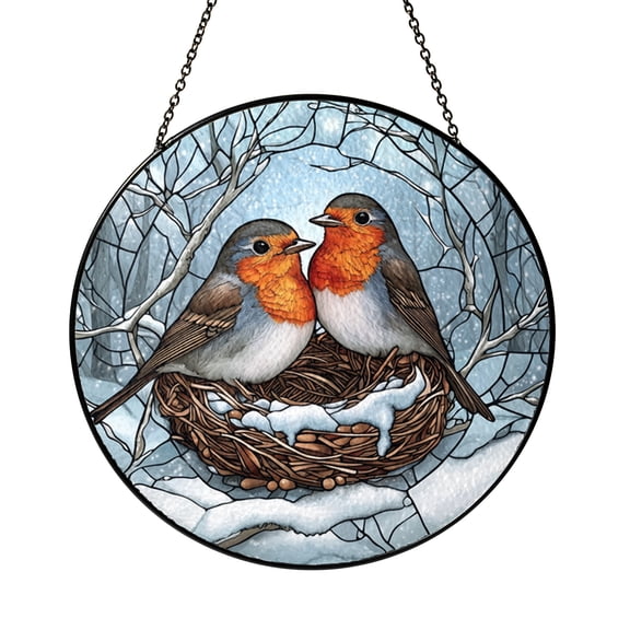 Two Robins in Nest Forest Stained Glass Suncatcher – Window Decor