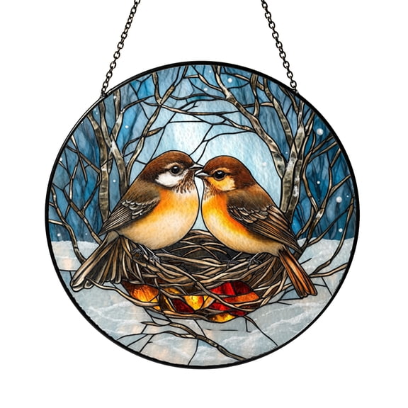 Two Robins in Nest Stained Glass Style Suncatcher – Window Decor