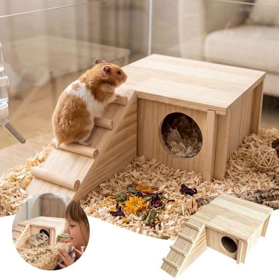Two-Room Wooden Hamster Hideout Natural Chewable Habitat House with Climbing Ladder Breathable Wood Cage Shelter for Mouse Gerbil 13.4×7.9 Inch