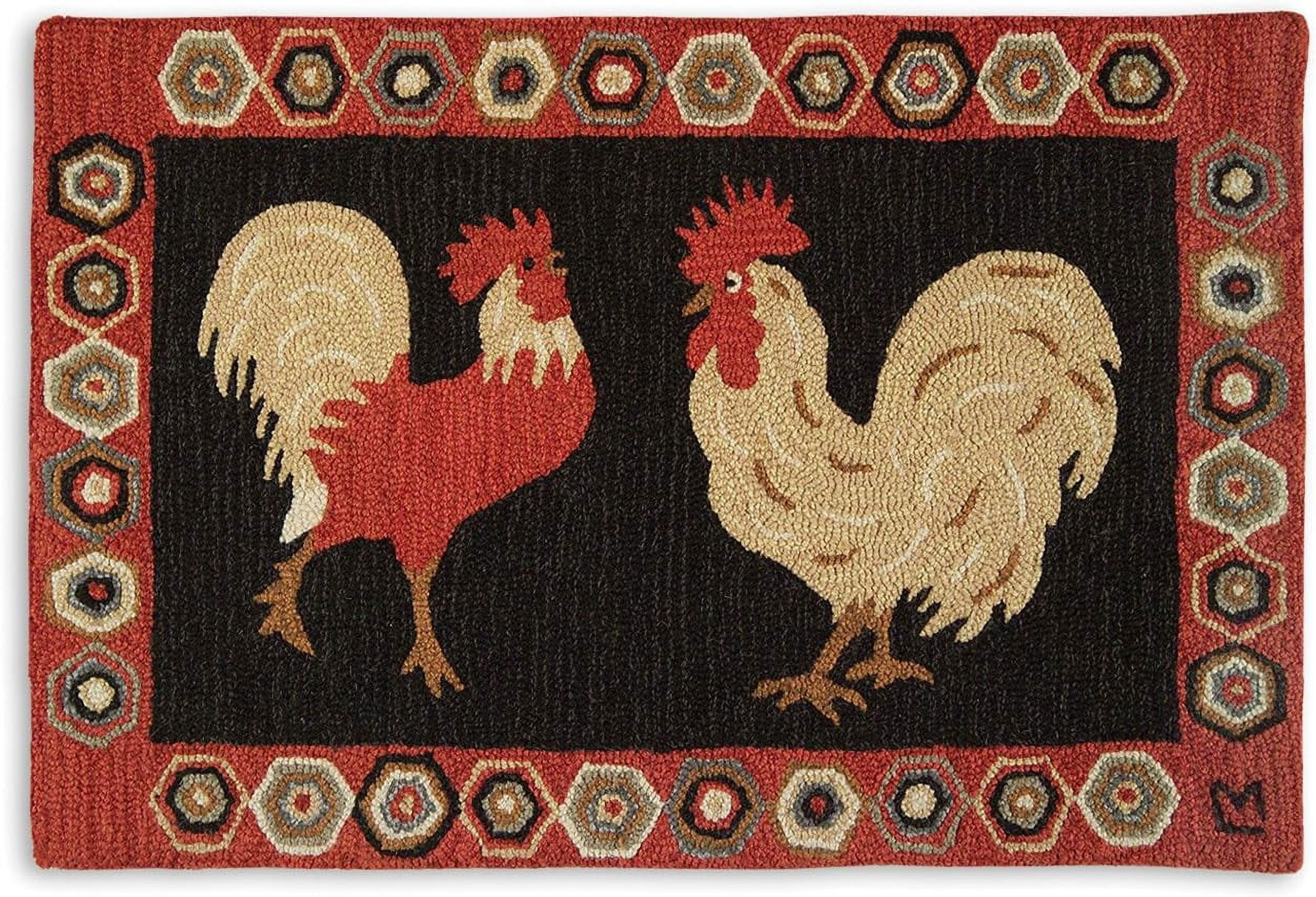 Two Roosters Hand-Hooked Wool Accent Rug (24 IN x 36 IN) Farm Animal ...