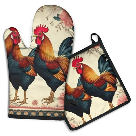 Two Roosters with Flowers Kitchen Oven Mitt and Pot Holder Sets 2 Pcs for Baking, Cooking and Grilling, Heat Resistant Up To 392 °F