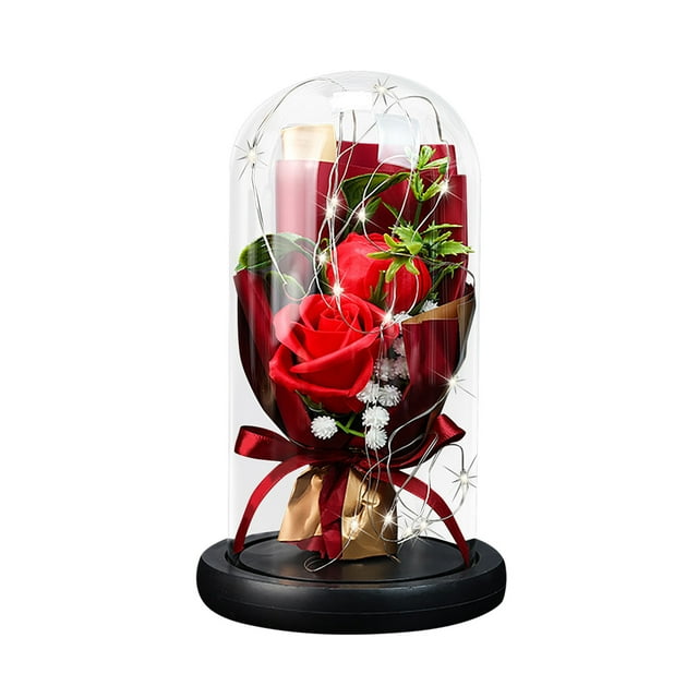 Two Rose Soap Bouquet with Glass Cover LED Light 3x7 Battery Handmade for Any Occasion
