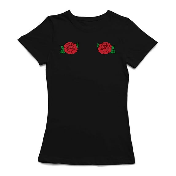 Two Roses Chest Design Women Black T-Shirt, Female XX-Large