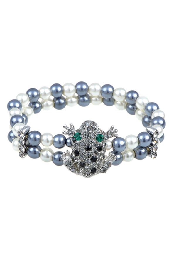 Two Row Faux Pearl Rhinestone Sparkle Cluster Frog Clasp Adjustable Bracelet