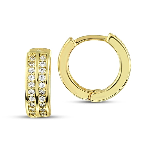 Two Row Inside Out Diamond Huggies 12mm - 14K Gold Plated Zirconia Crystal Earrings, Minimalist CZ Earrings for Women, Dainty Hoop Earrings