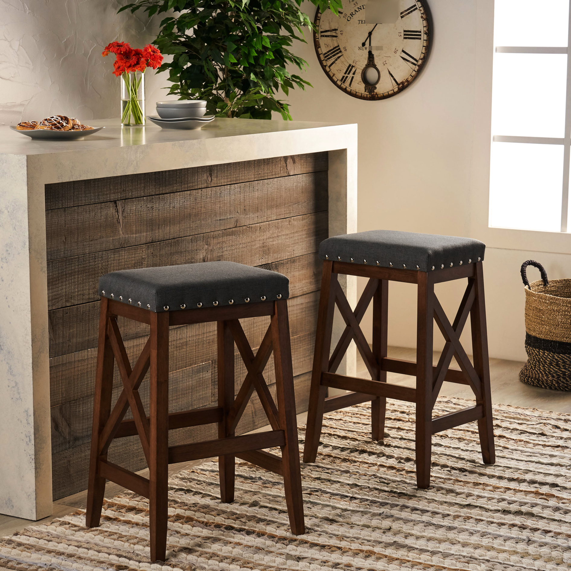 Two Saddle Barstools | Enhance Home Interior, Counter Seating | Fabric ...